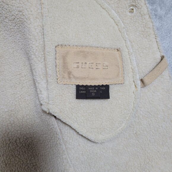Guess Coat Womens Small Beige Genuine Leather Shearling Long Overcoat Lined - Picture 13 of 16
